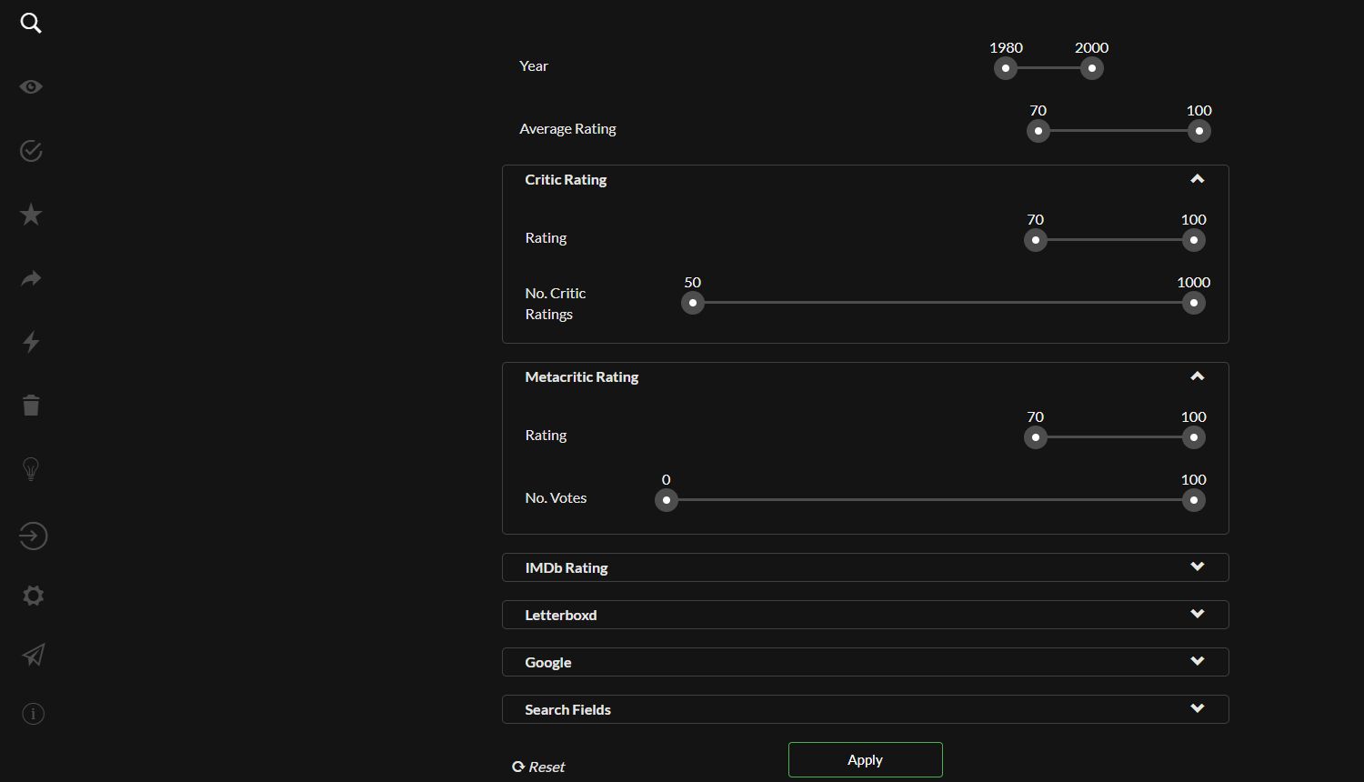 Applying filters to a search on Flick Metrix