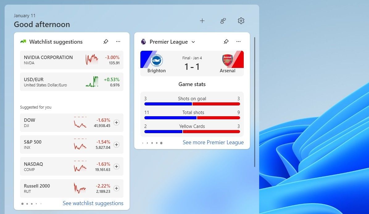 Soccer match score in Windows 11 Panel Widgets