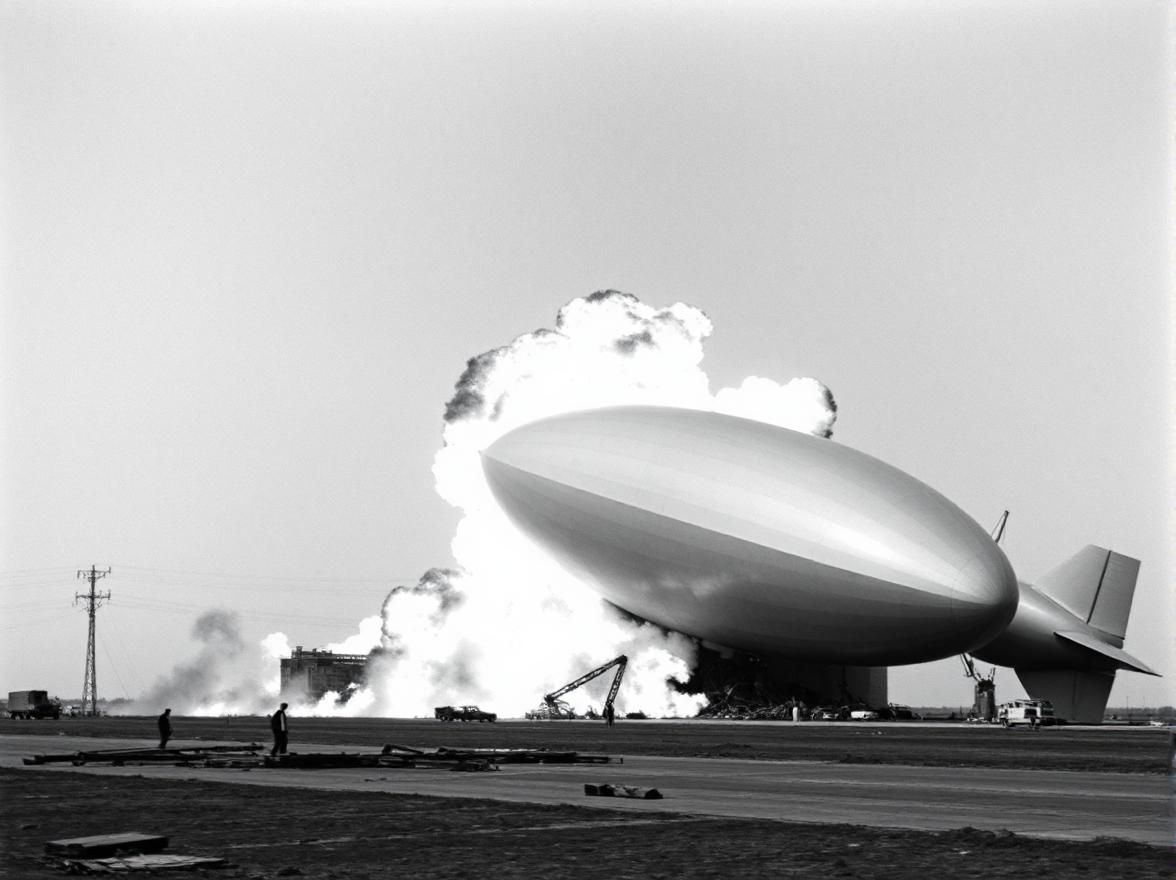 AI-generated image depicting the crash of the zeppelin Hindenburg 