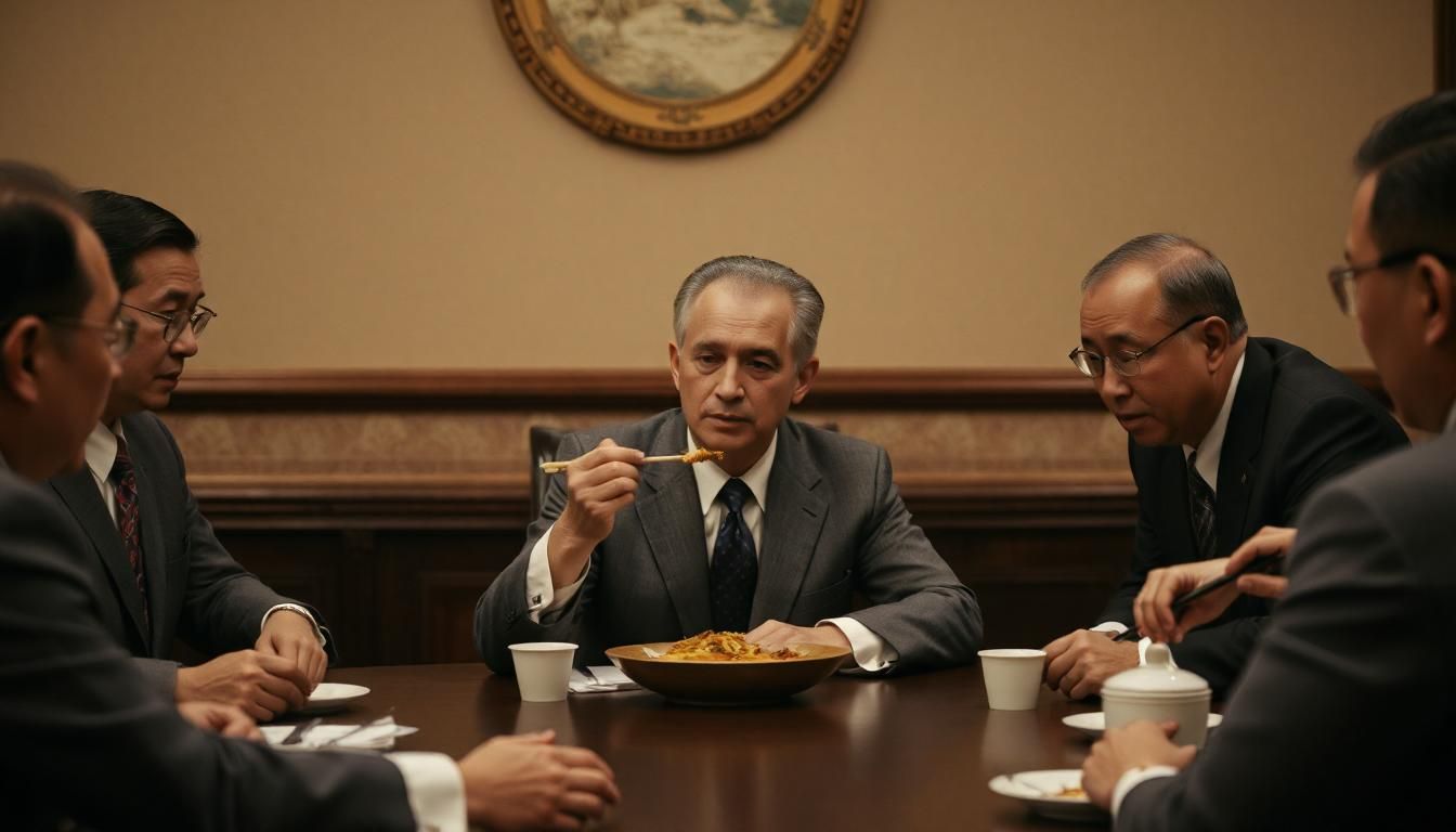 AI-generated image depicting a man using chopsticks at a dinner table surrounded by Chinese dignitaries 