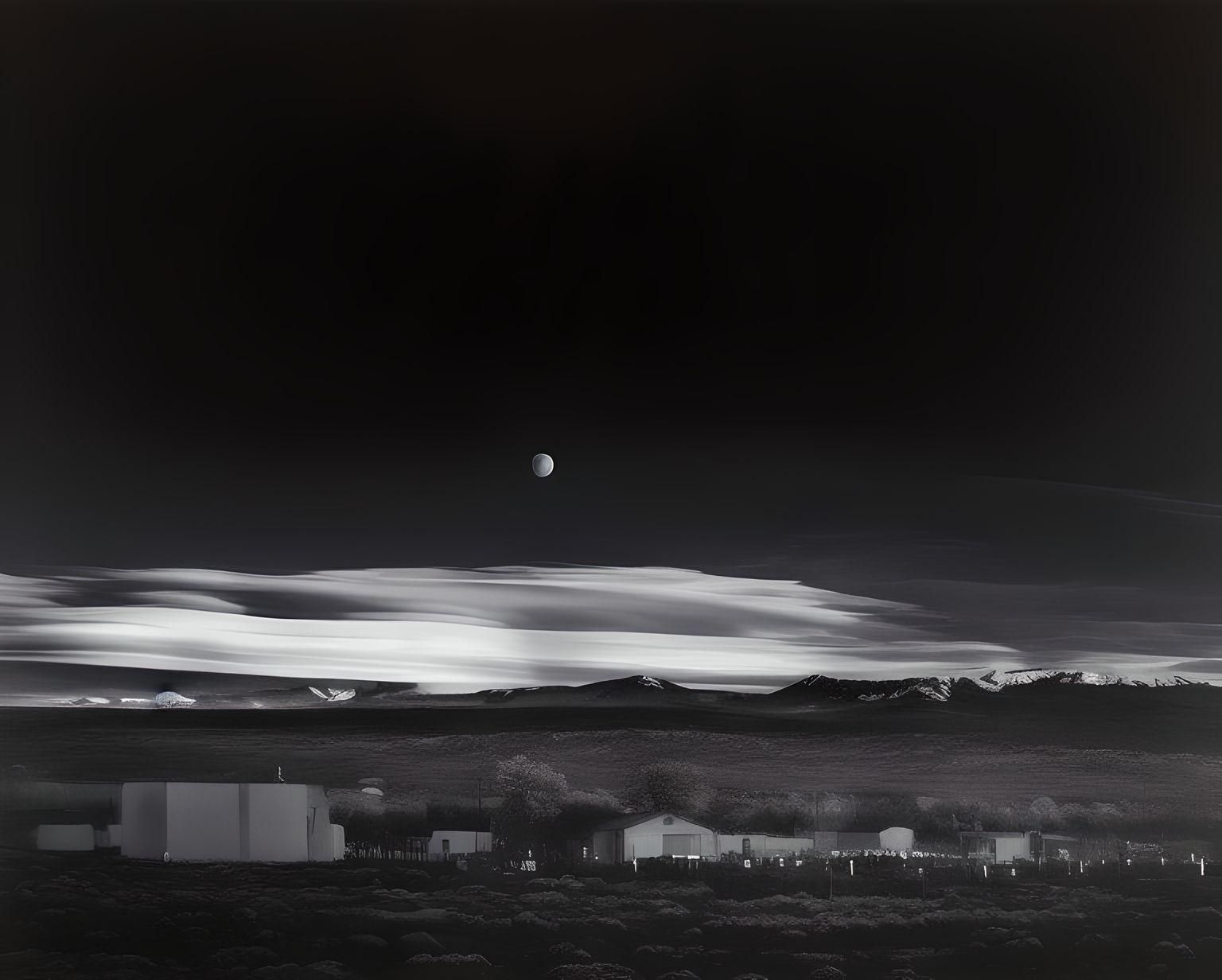 AI-generated image depicting a dark landscape with a moon lighting a desert town