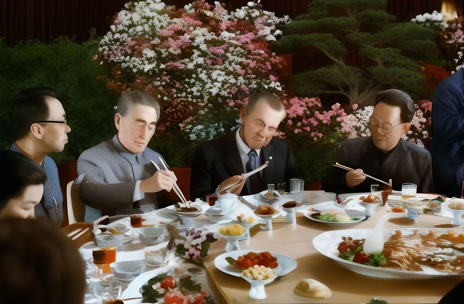 AI-generated image depicting former president Richard Nixon eating at a restaurant surrounded by Chinese dignitaries