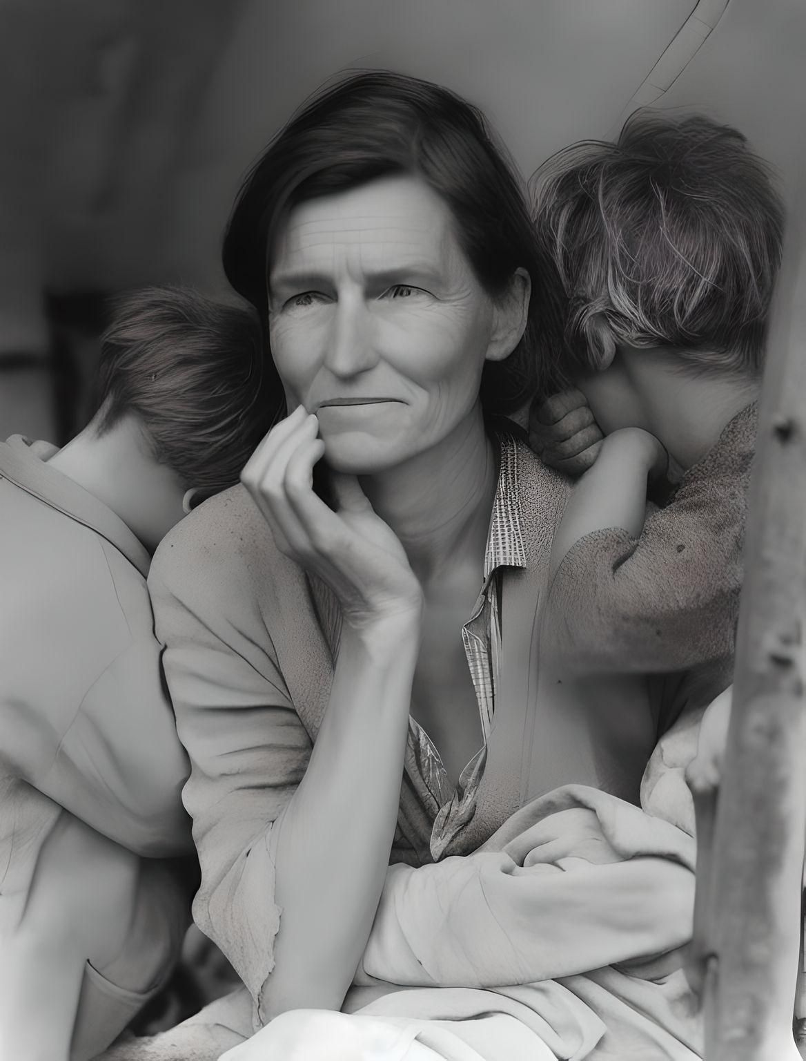 An AI-generated image depicting a mother during great depression holding two children