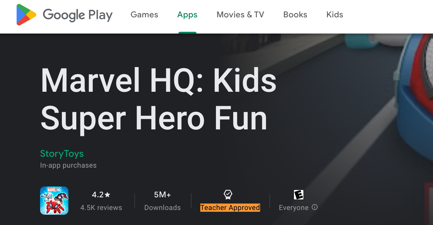 The Google Play store details for a kids Marvel-themed app