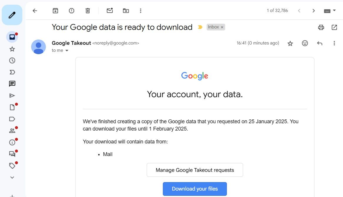 Google Takeout email in Gmail showing option to download data