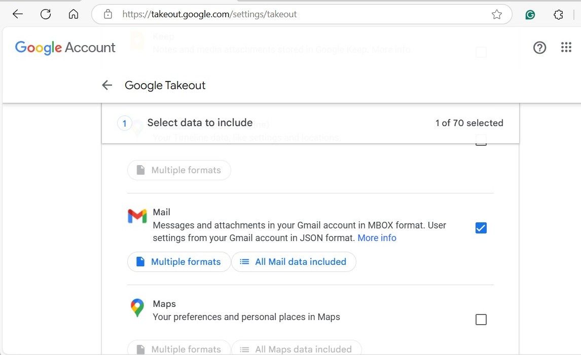 Google Takeout page with Gmail option selected