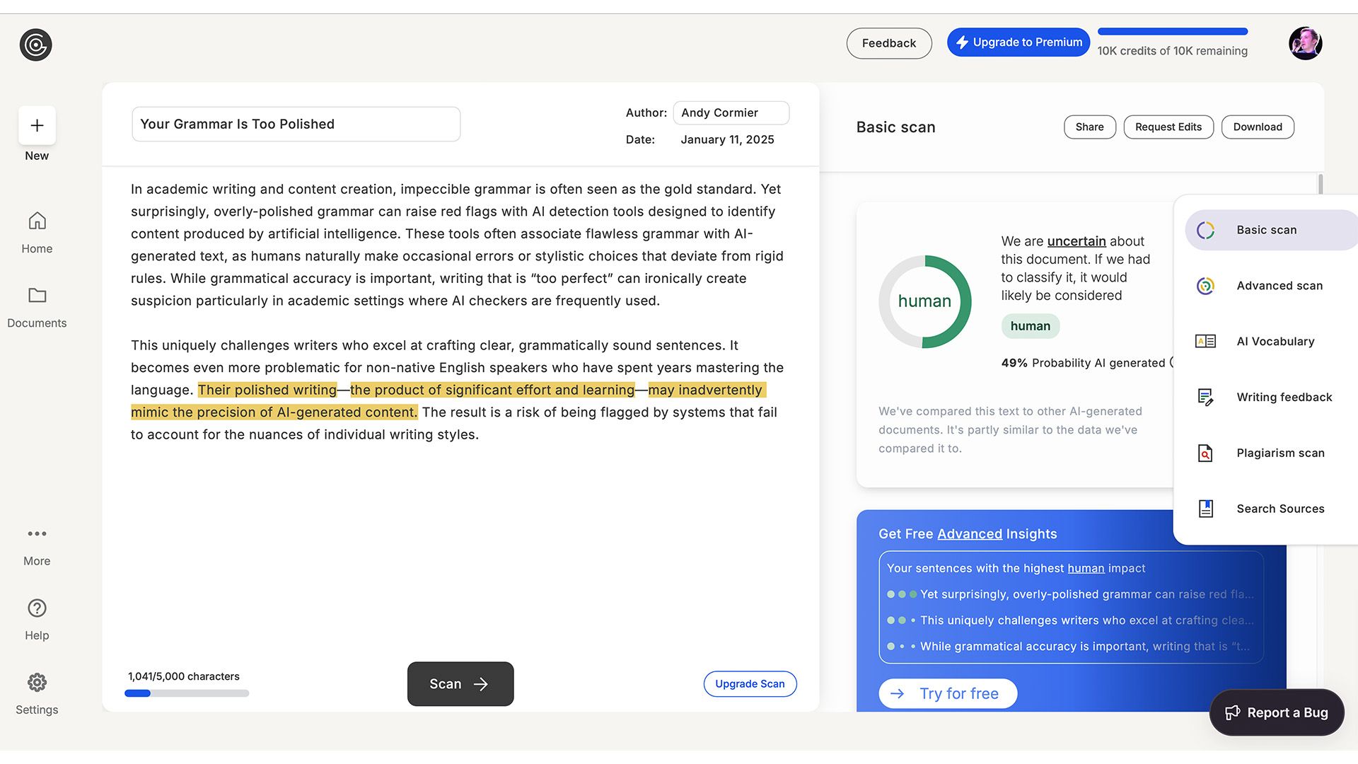 GPTZero reading a passage as human-generated with a 49% score