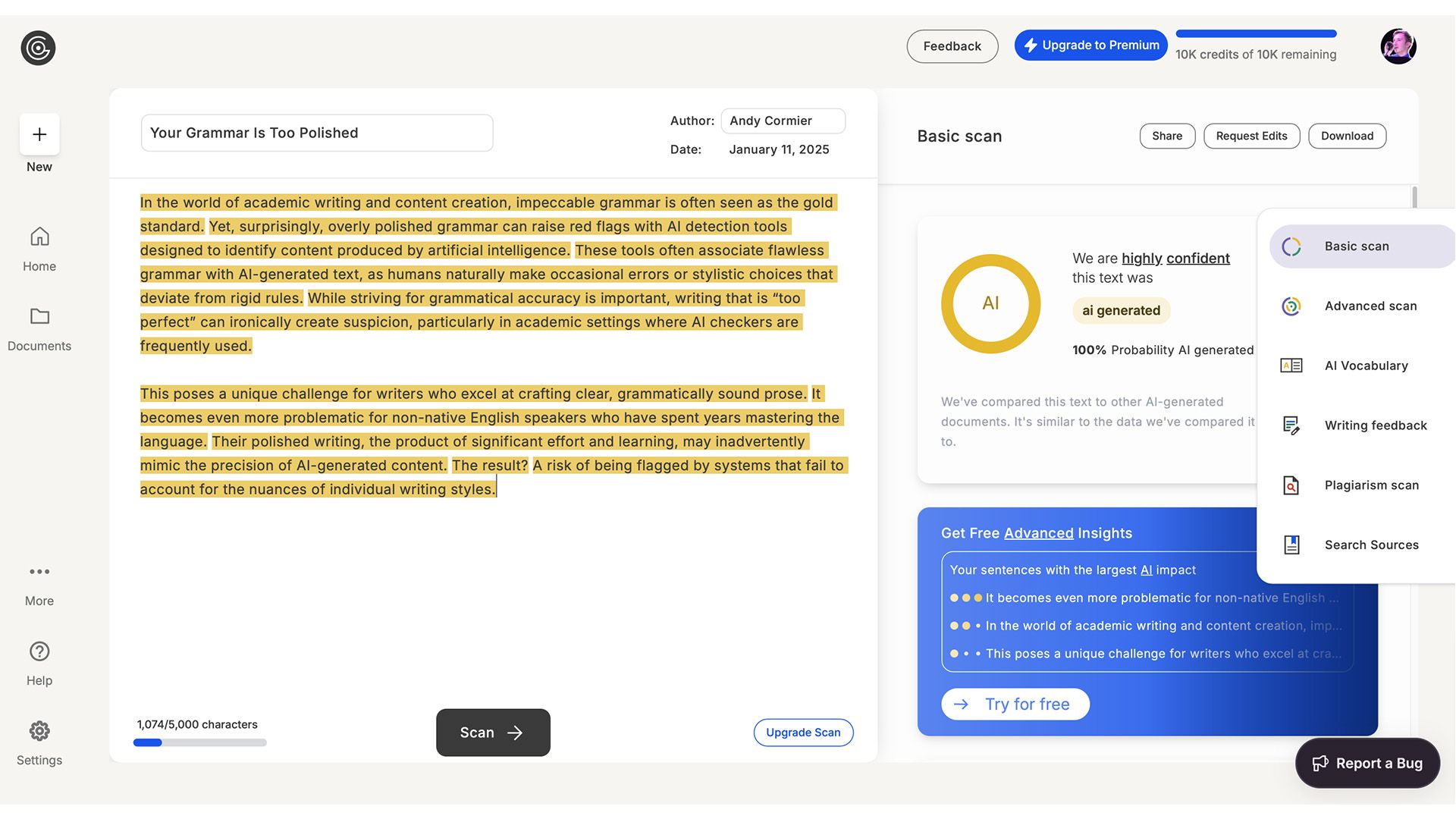 GPTZero reading a passage of text as 100% AI generated