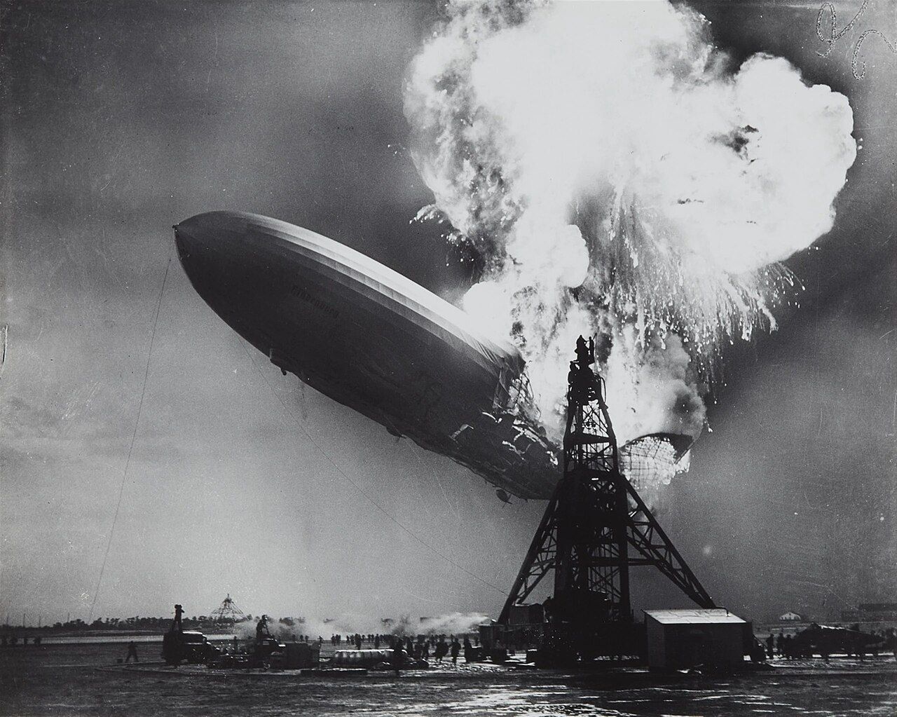 Photograph capturing the crash of the zeppelin Hindenburg 