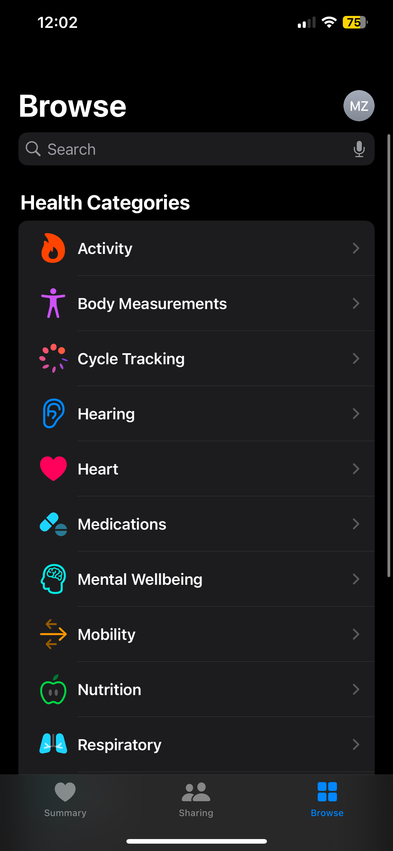 Aplicativo de saúde no iPhone mostrando opção de atividade no menu de navegação