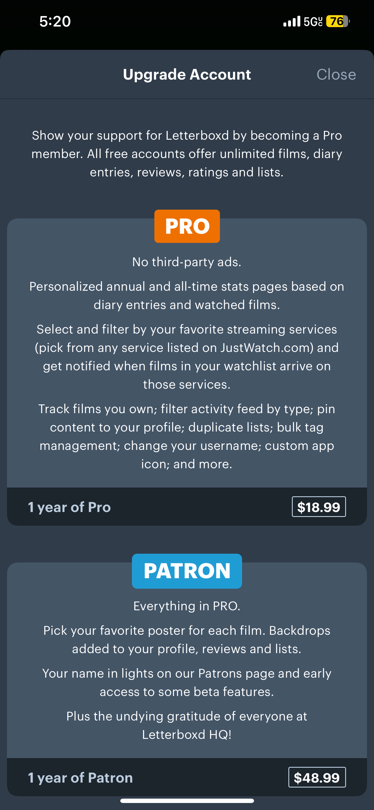 Letterboxd PRO and Patron subscriptions