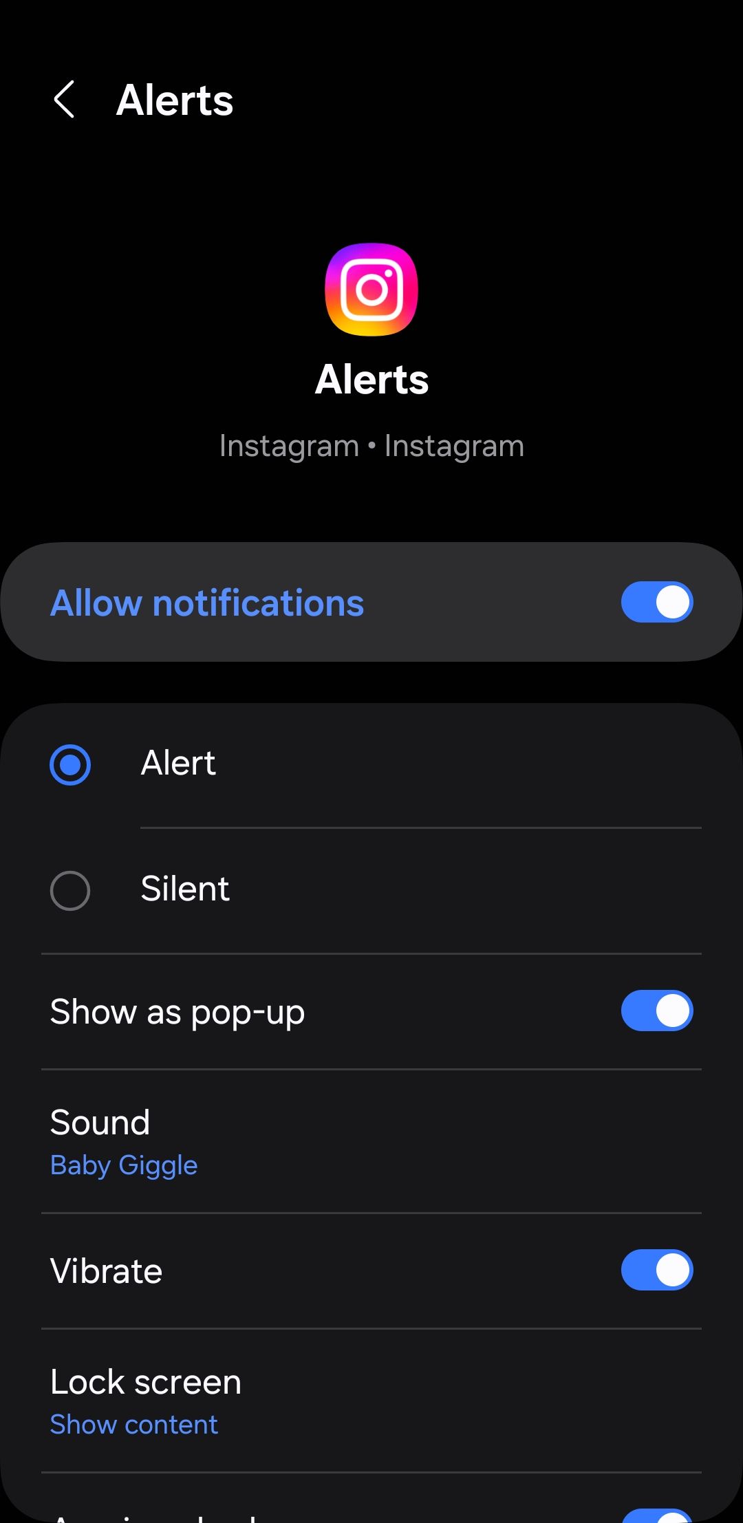 Instagram alert settings on Android