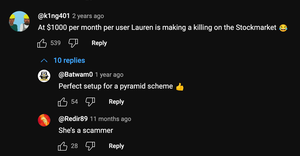 Example of an investment comment scam on YouTube.