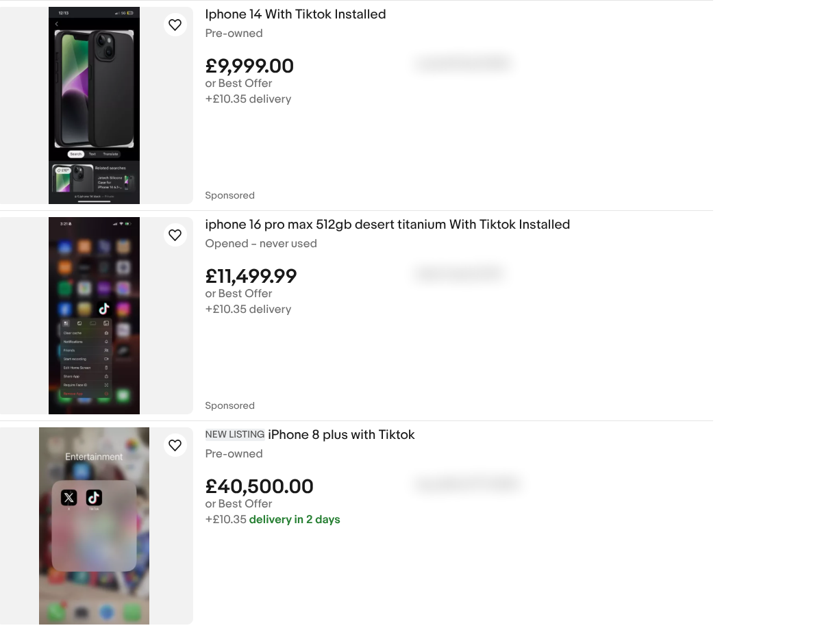 iPhones listed on eBay with TikTok installed on them