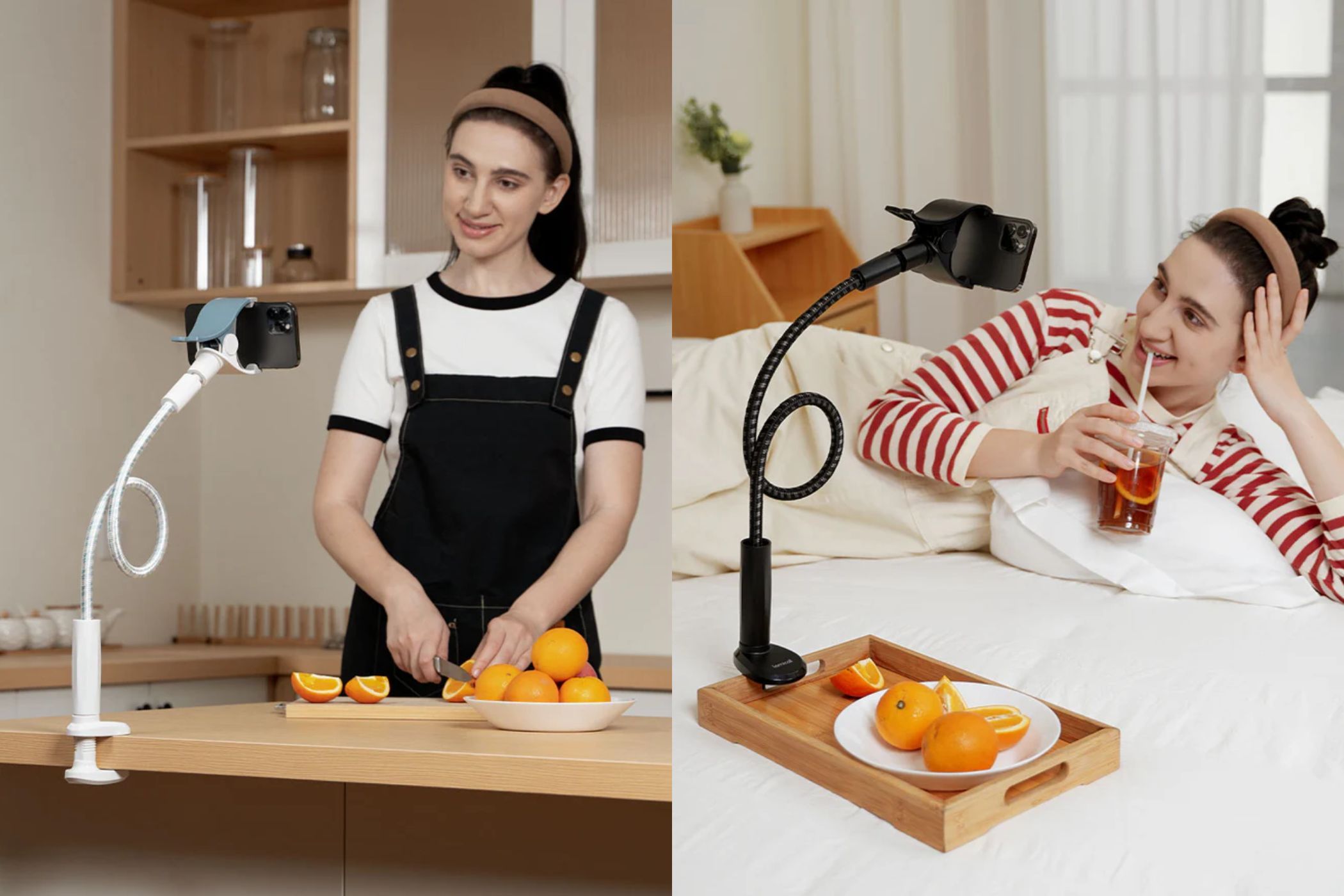 Woman using Lamicall gooseneck phone holder while cooking and lounging