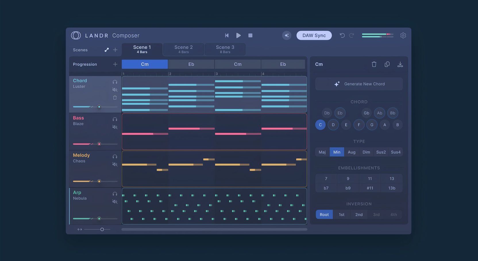 The LANDR Composer plugin showing various song elements.