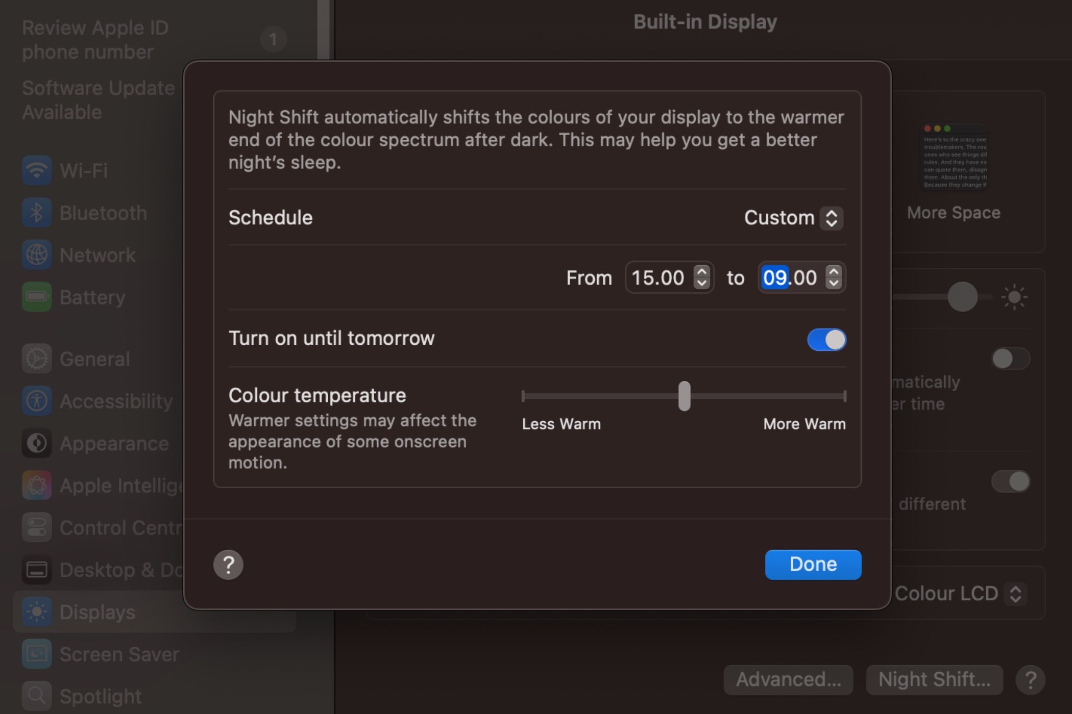 Night Shift settings on a Mac