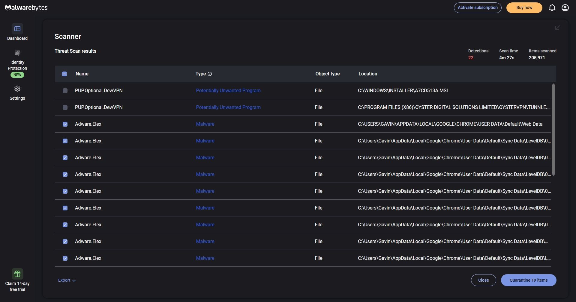 malwarebytes scanning system adware infection elex