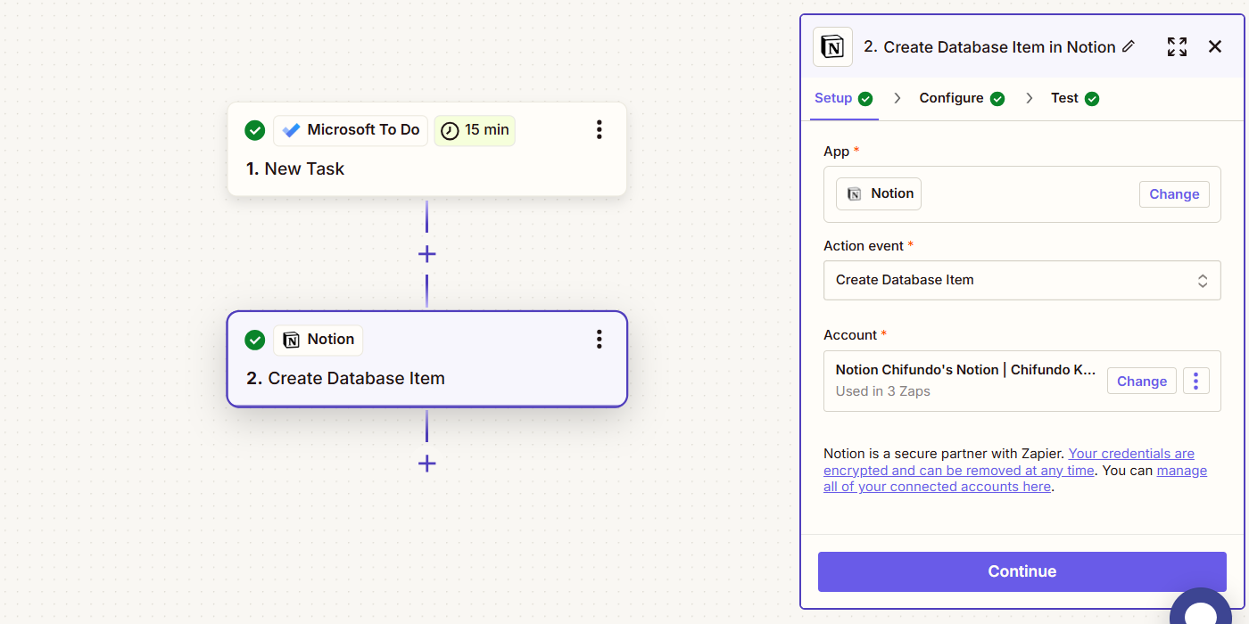 A Zap that creates a new database entry in Notion when a new task is created in Microsoft To Do.