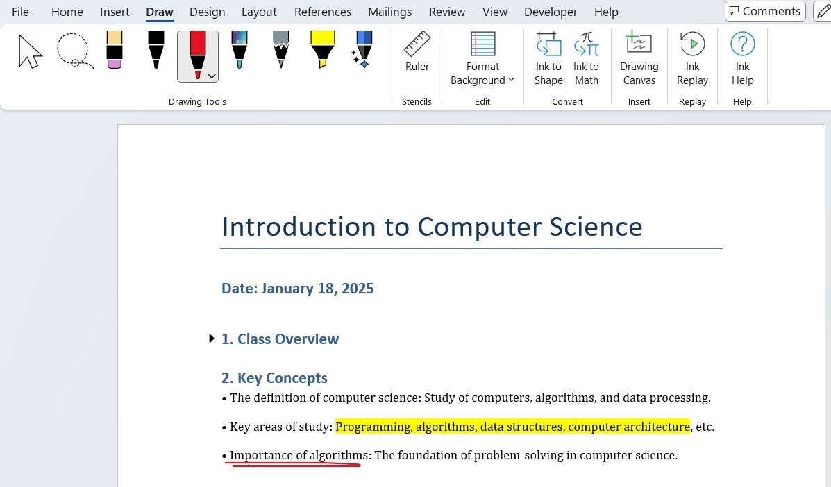 Notes about computer science class in Word document