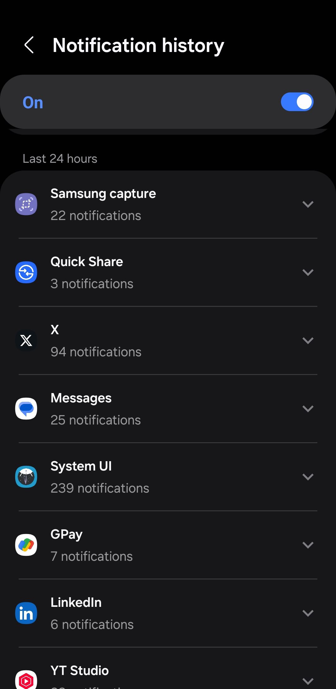 Notification history menu on Android