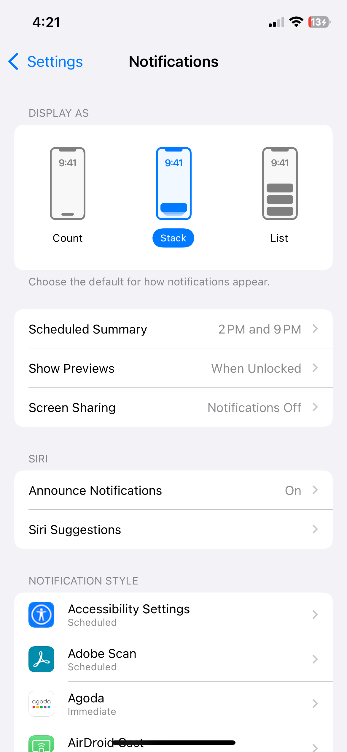 Notification settings menu on iPhone