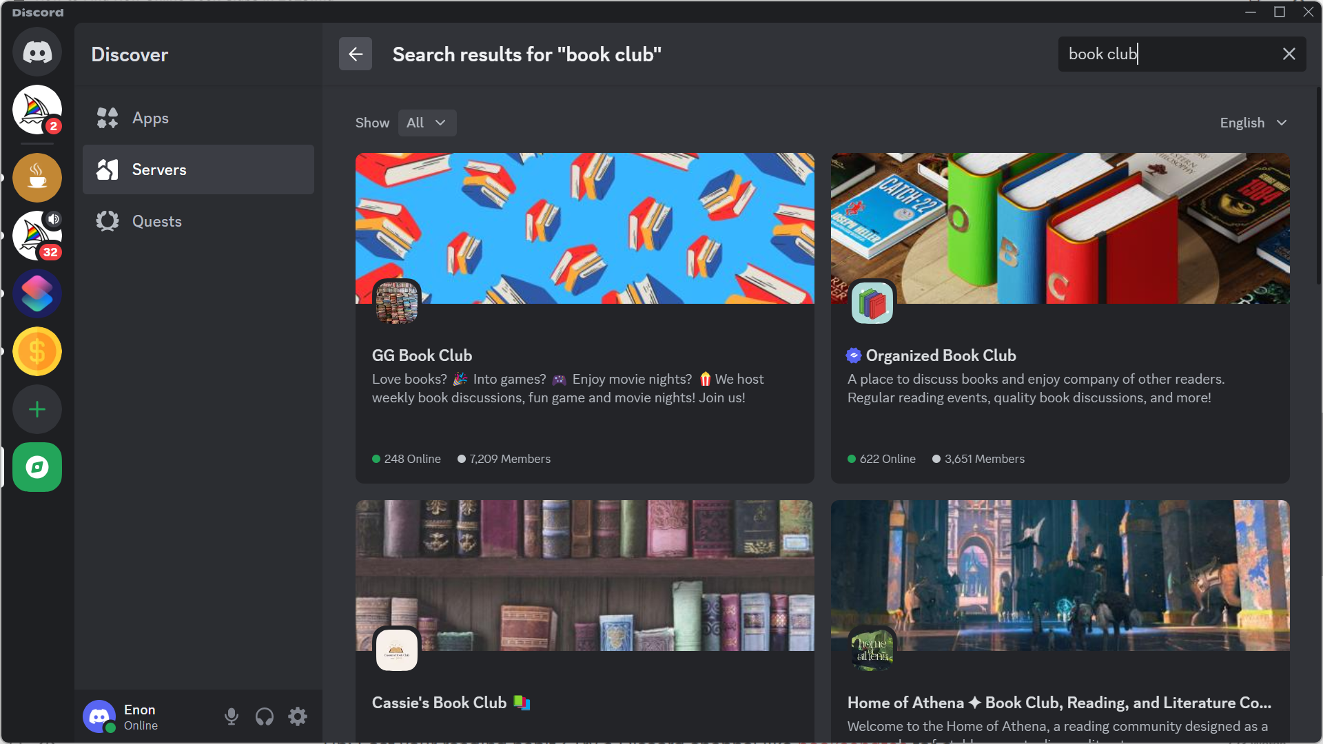 Discord Search for an online book club