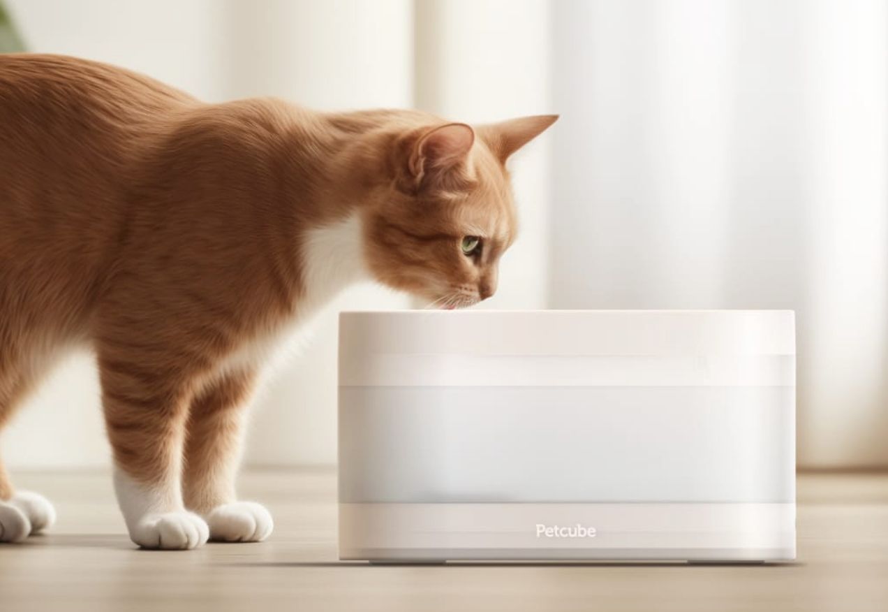 The Petcube filtered water fountain with a car drinking. 