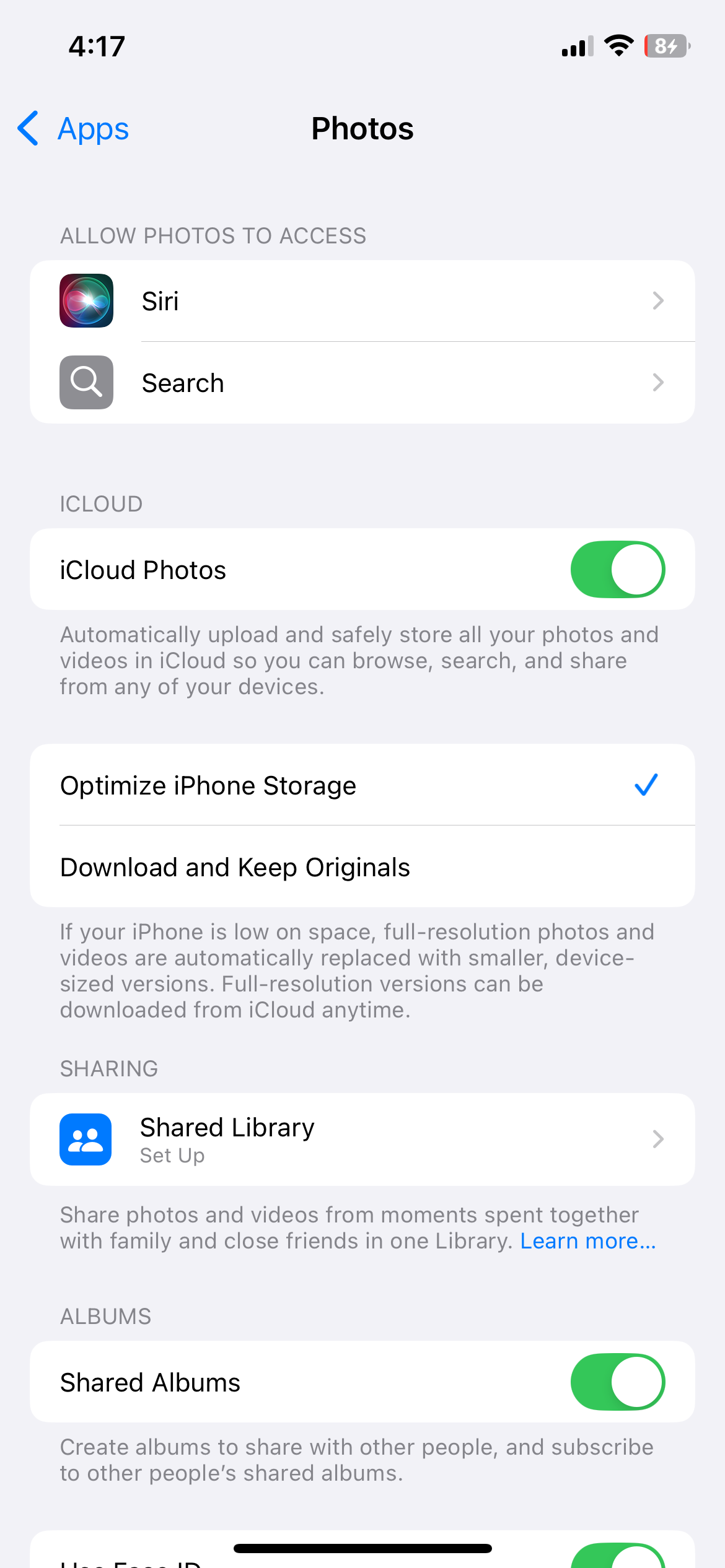 Photos settings menu on iPhone