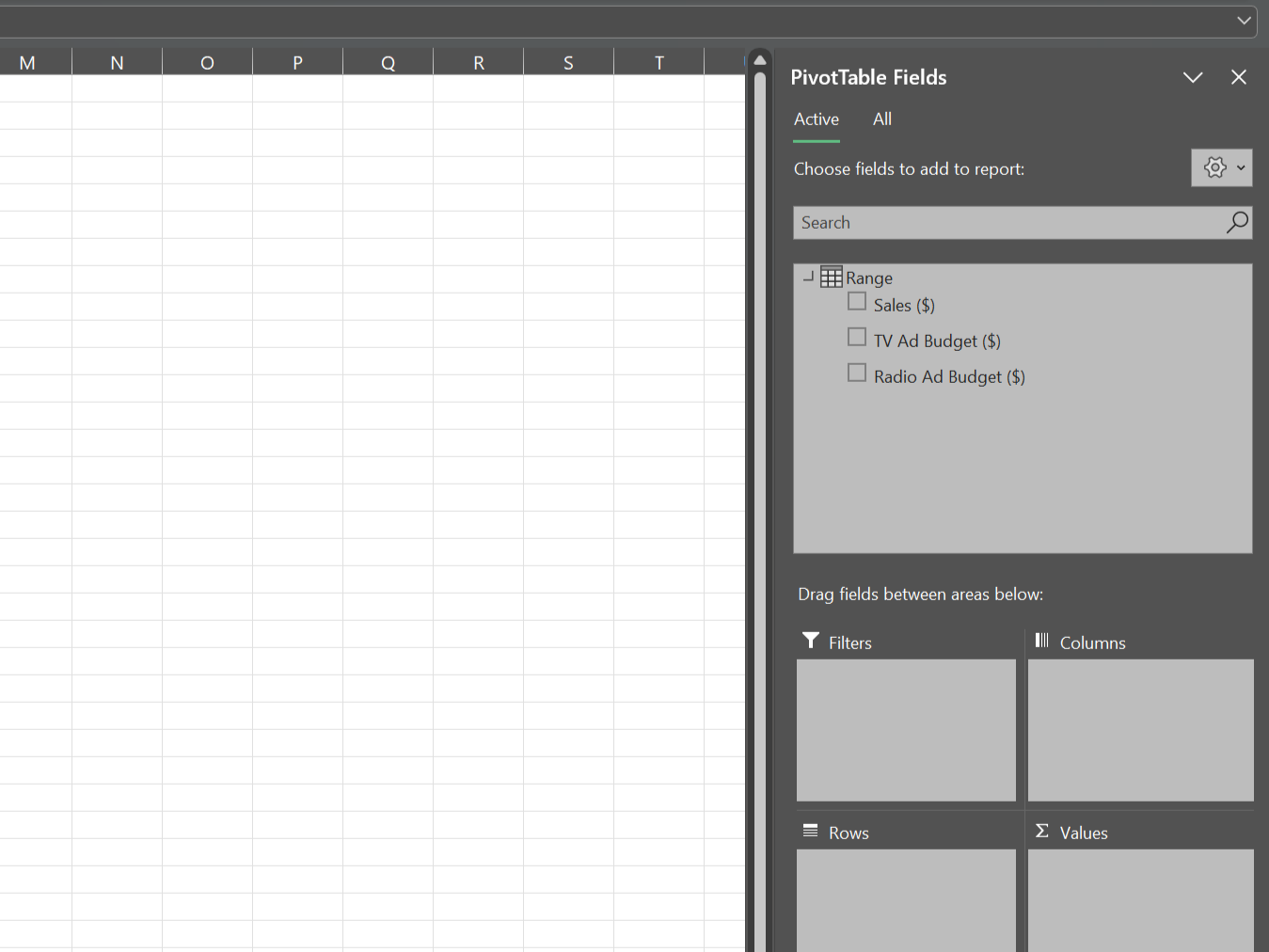 PivotTable reporting sidebar in Excel