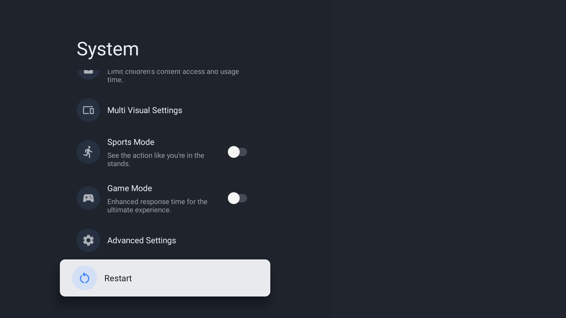 Restart option in Android TV Settings