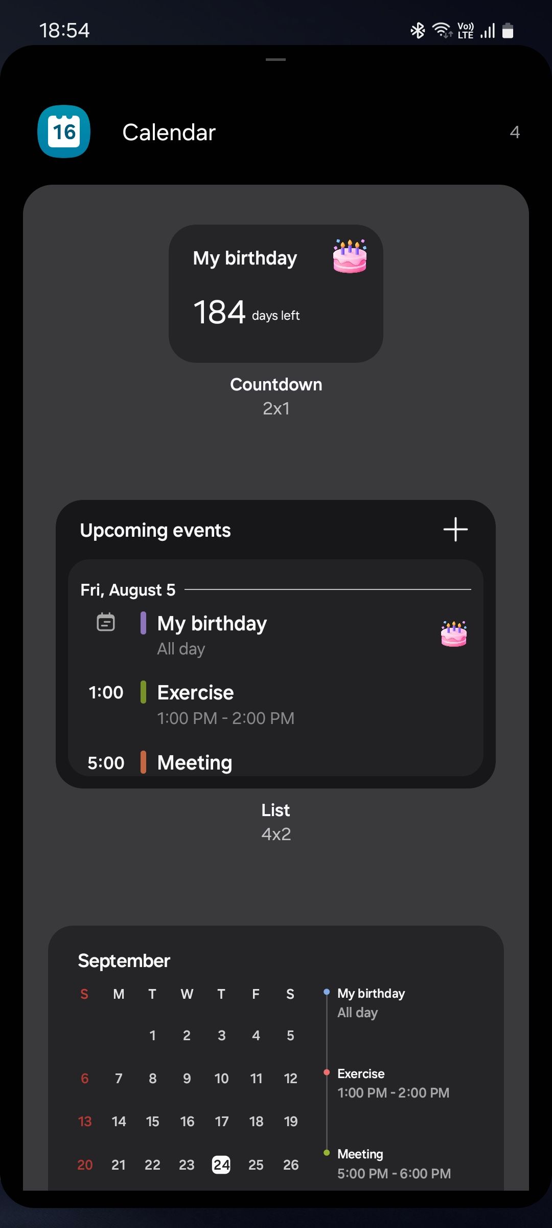 Samsung Calendar widgets list