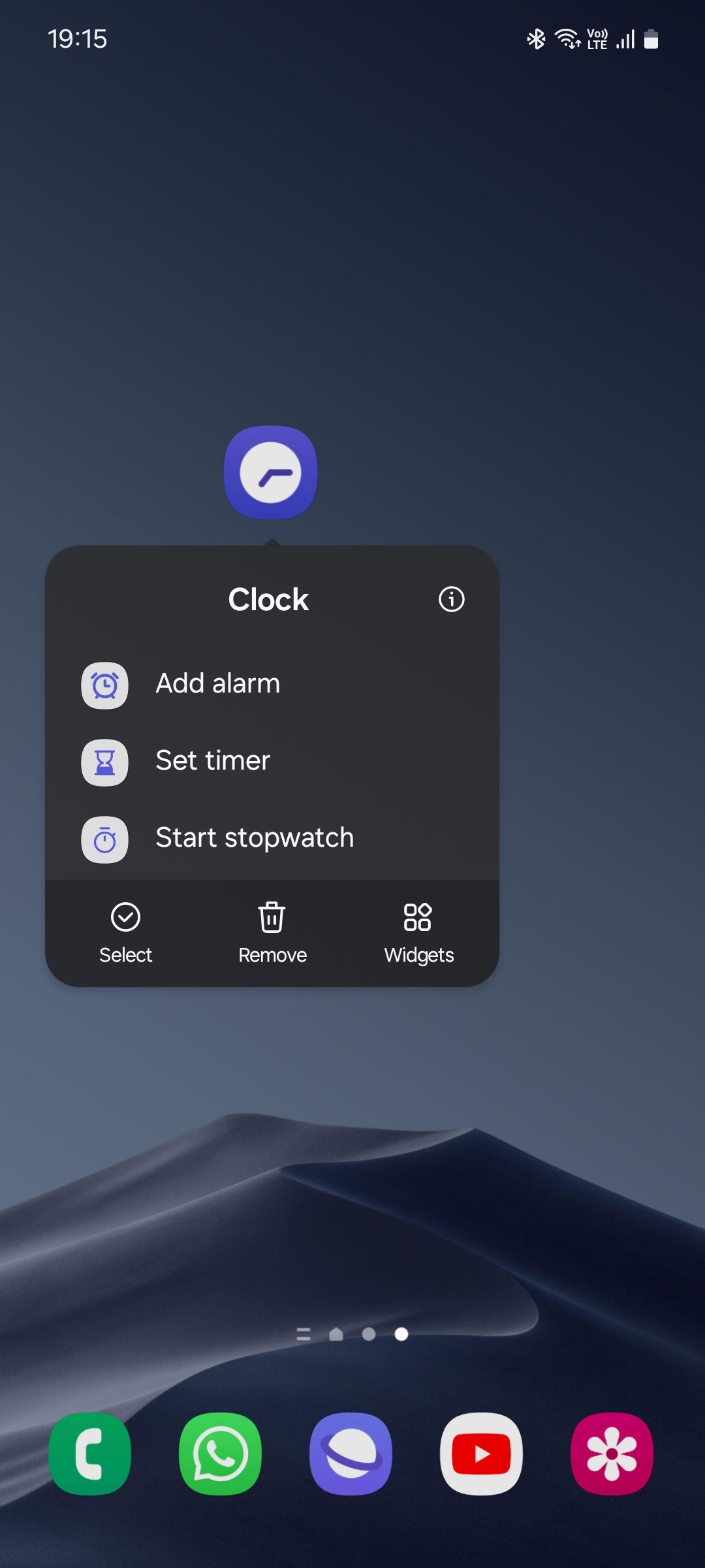 Samsung Clock app shortcuts list