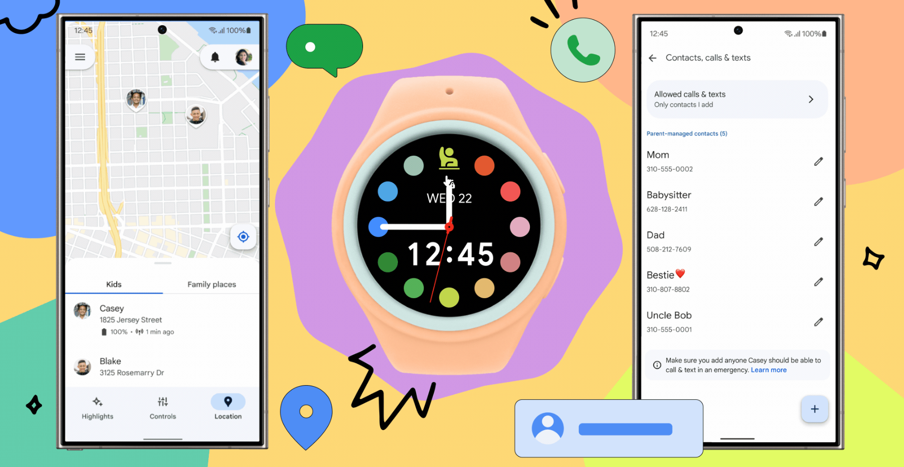 A graphic of a Samsung Galaxy Watch framed by two Galaxy phones with accompanying features like location and contacts