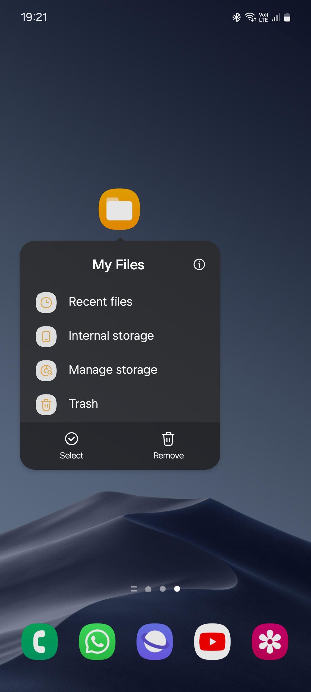 Samsung My Files app shortcuts list