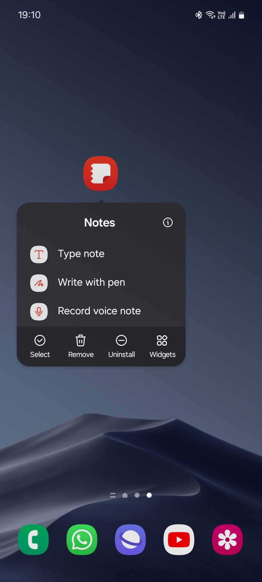 Samsung Notes app shortcuts list