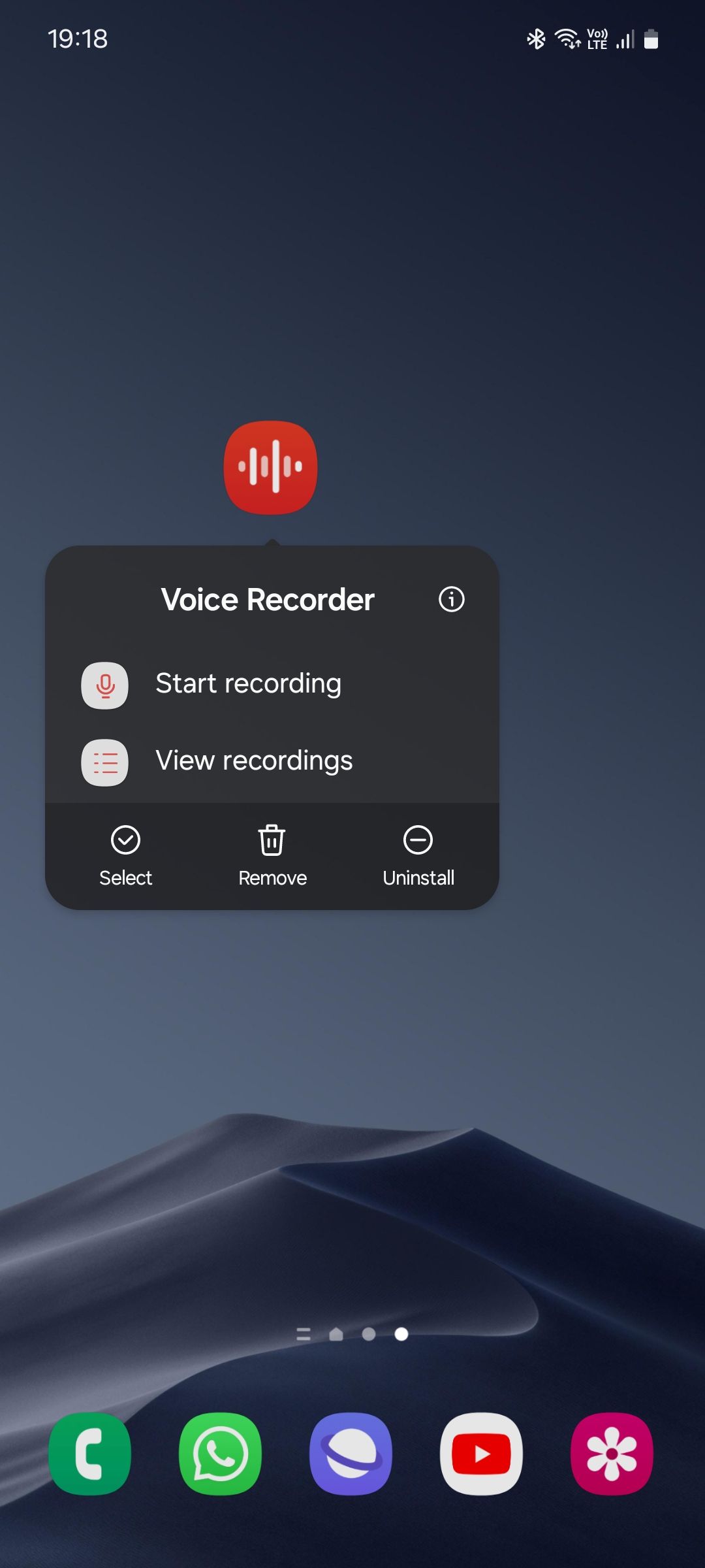 Samsung Voice Recorder app shortcuts list