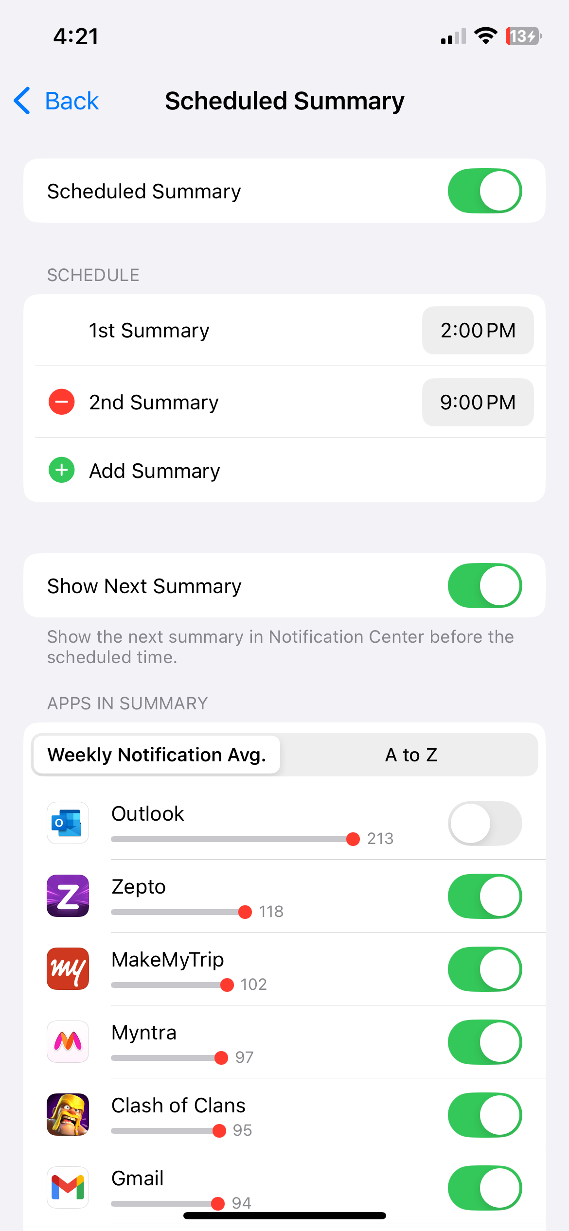 Scheduled Summary settings menu on iPhone