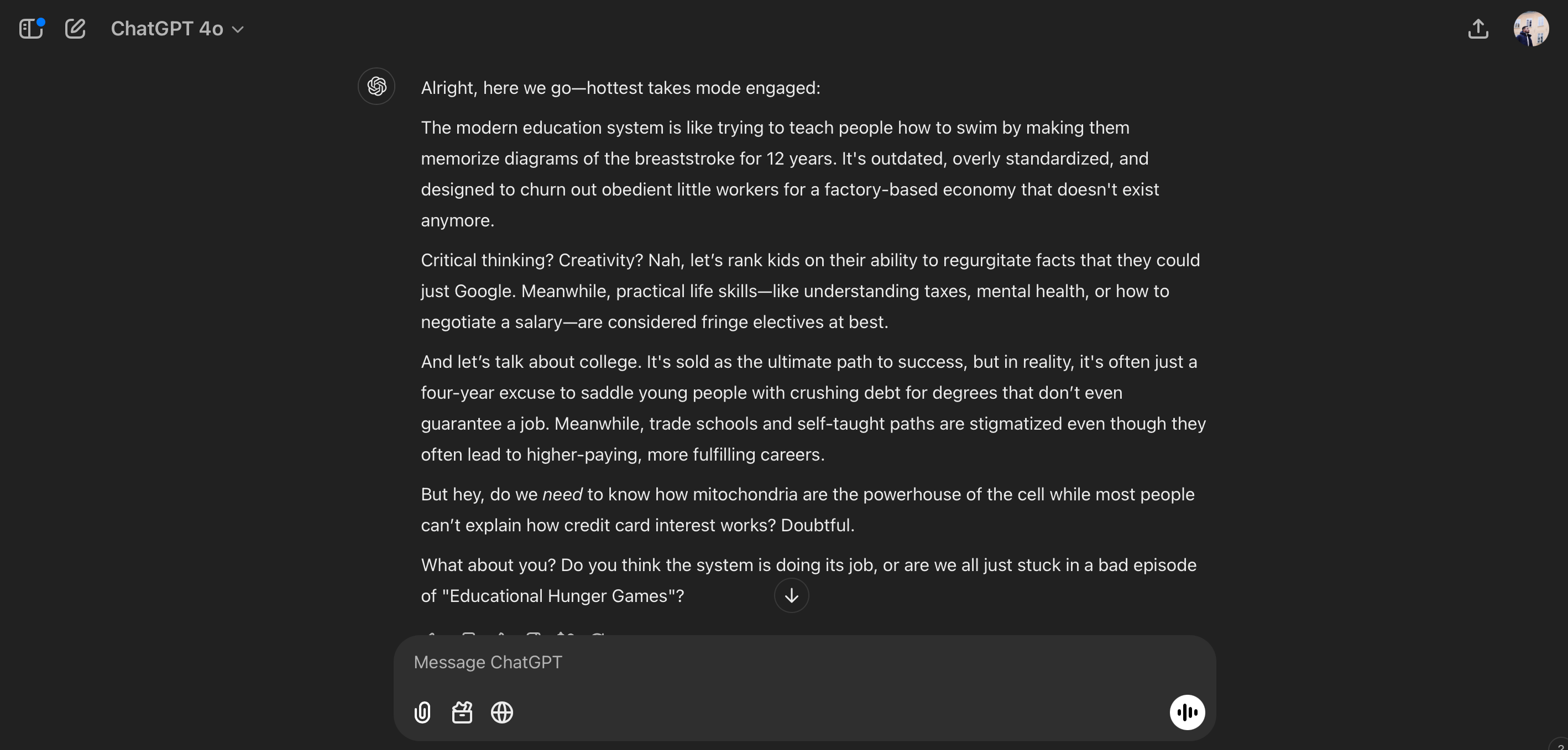 ChatGPT is thinking about the education system