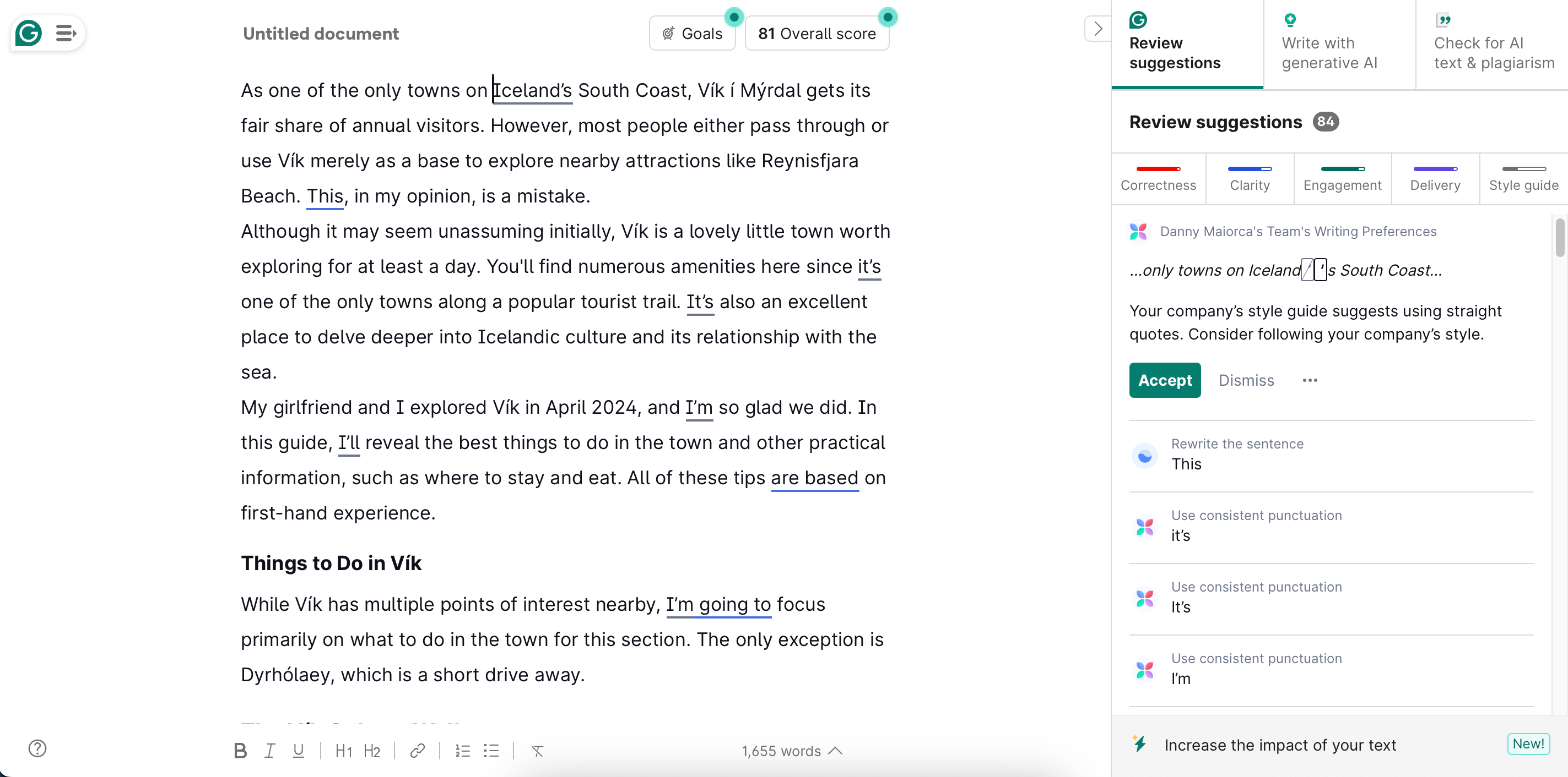 The Grammarly Pro app interface