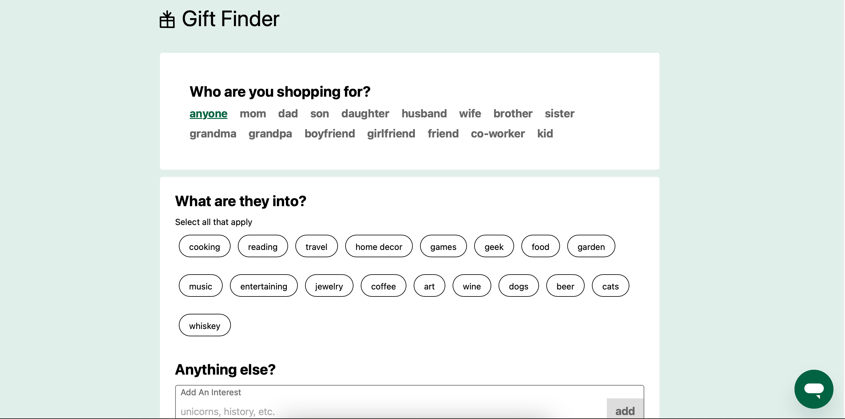 The Gift Finder tool on the Uncommon Goods website 