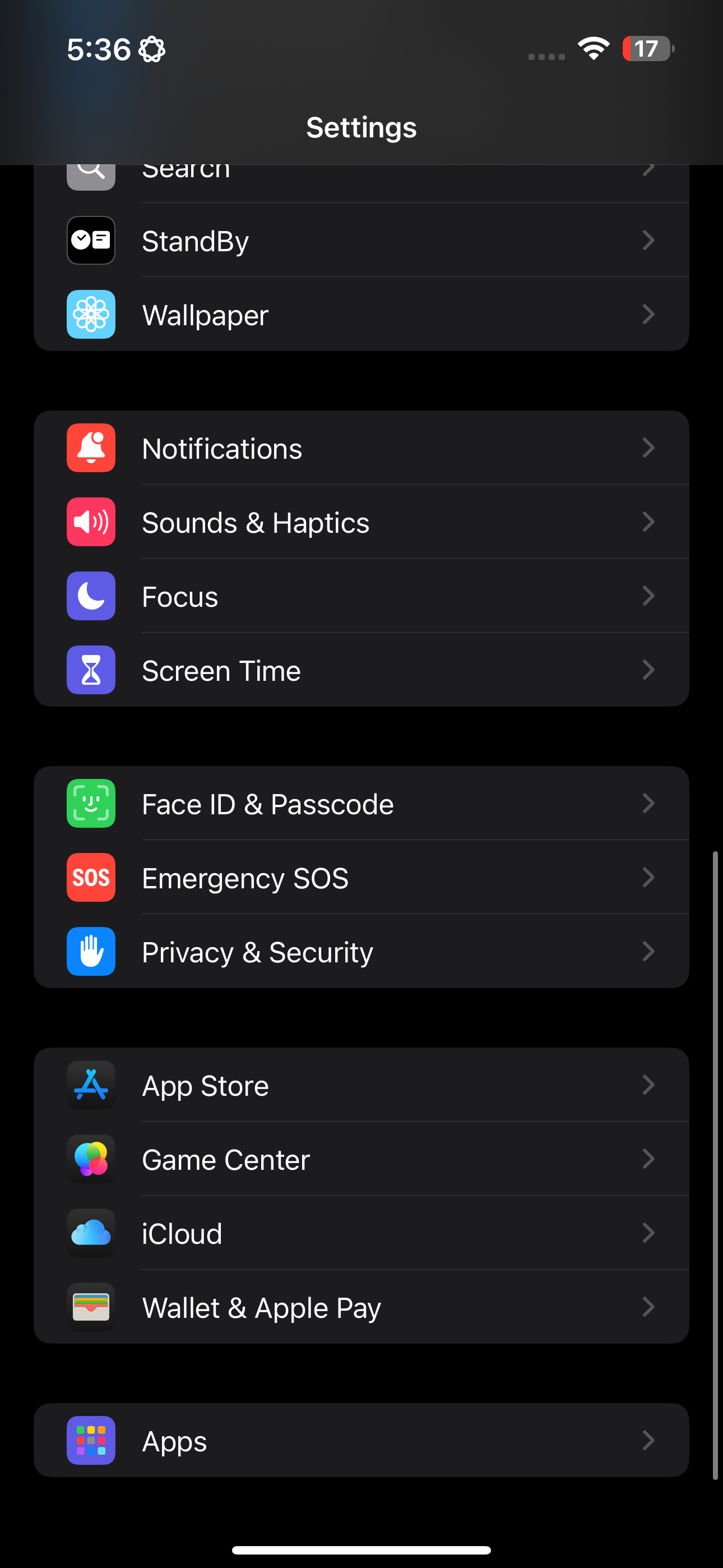 Settings on an iPhone