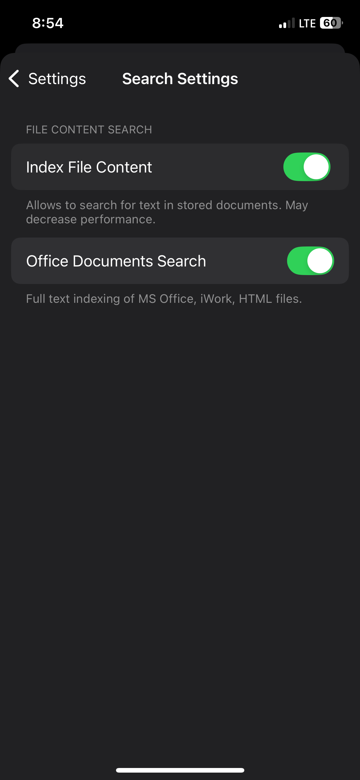 Search settings in Documents on iPhone.