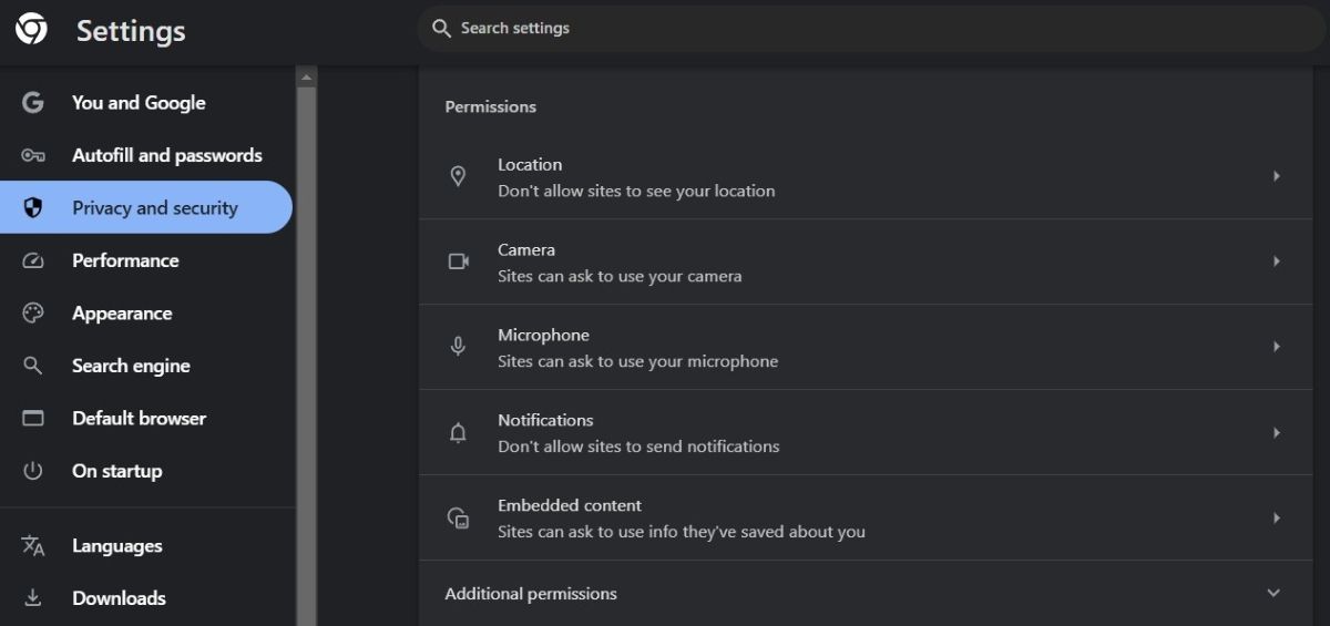 Site permission settings in Chrome