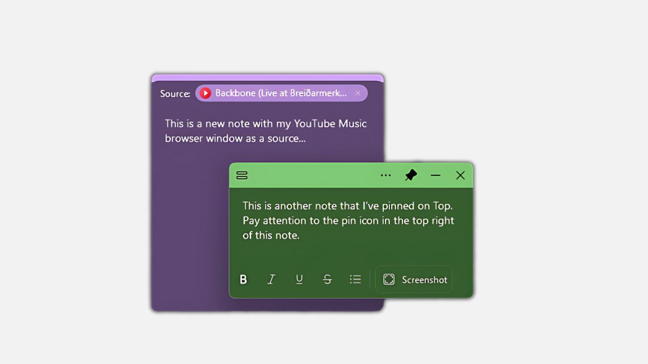 Sticky Notes on Windows 11 pinned on top of another