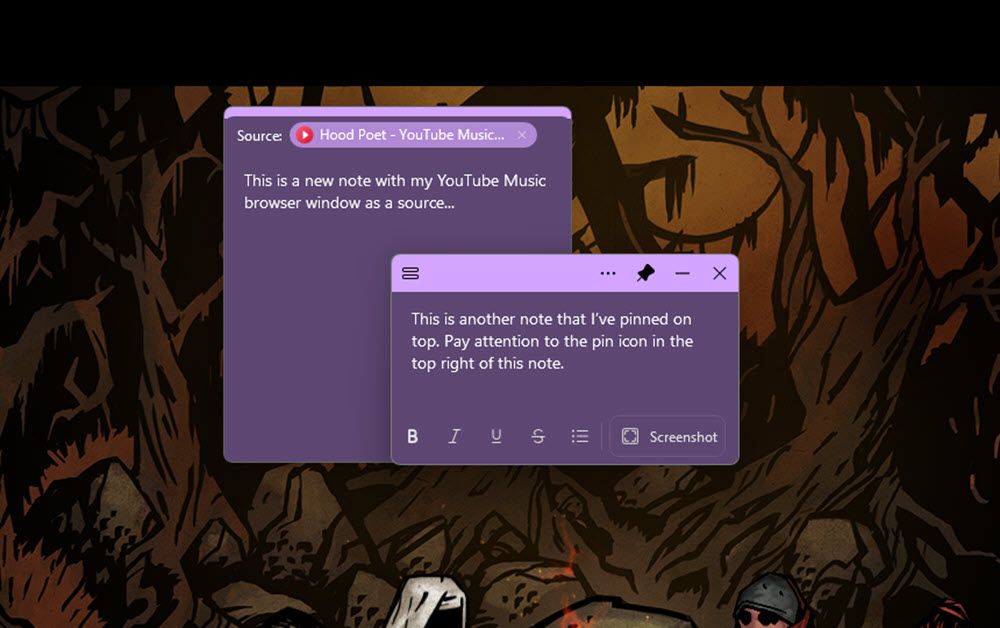 New Sticky Notes app showing the pin on top feature