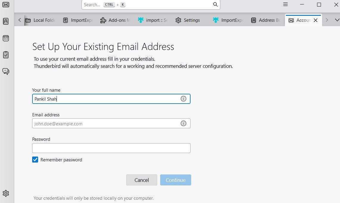 Thunderbird app showing add account page