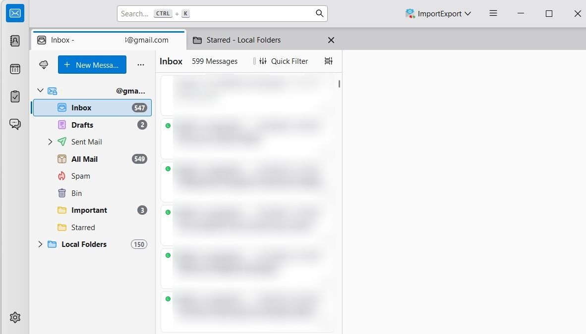 Thunderbird app showing gmail and local folders tab