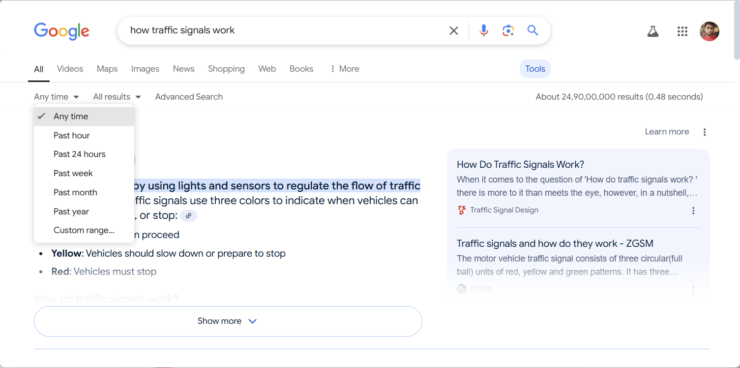 Time period preset for Google search results