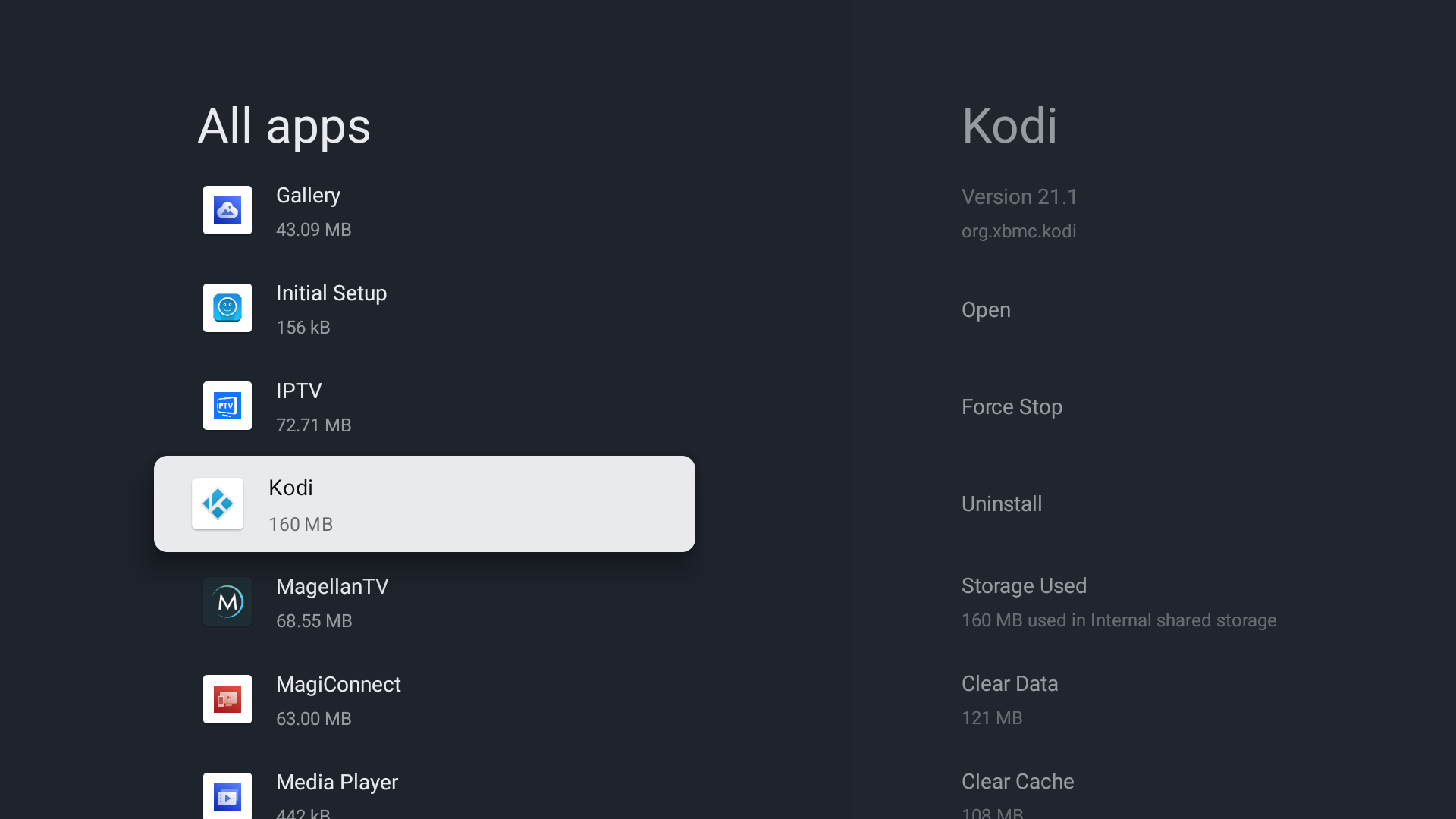 Viewing Kodi in Android TV settings for uninstallation